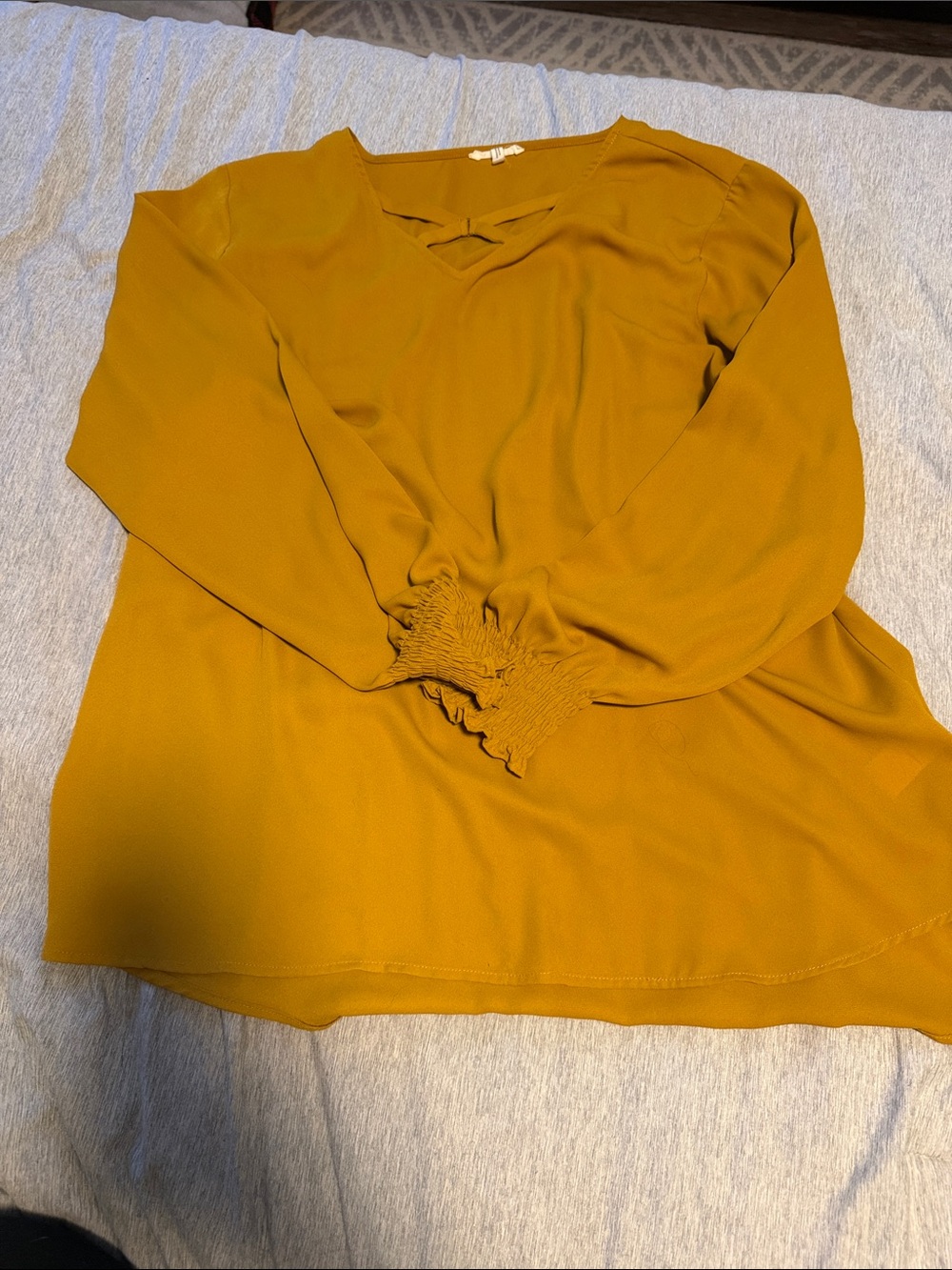Maurices Mustard Long Sleeve V-Neck Blouse with Smocked Cuffs
